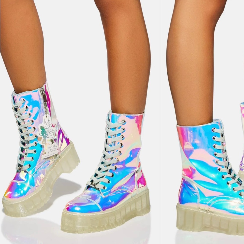 Iridescent magical platform combat boots for Burning Man